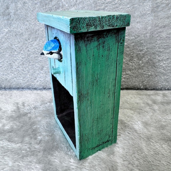 Hand Painted Folk Art Resin Wall Cubby Bluebird Cottagecore Rustic Birdhouse - Picture 2 of 5